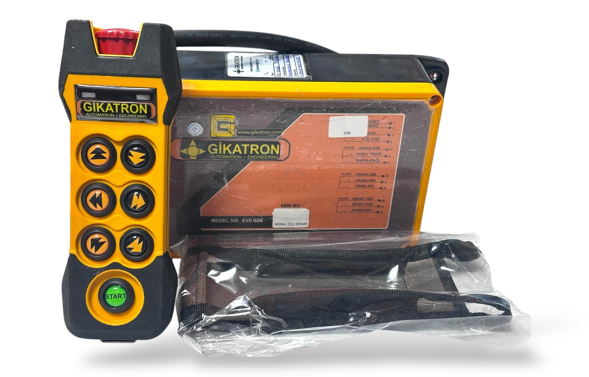 Gikatron Uzaktan Kumanda Seti-Evo606-220AC Serisi-6 Hareketli, Tek Kademeli, Tek Hızlı, 6 Hareket Yön Buton, 1 Start Yeşil Buton, 1 Acilstop Kırmızı Buton